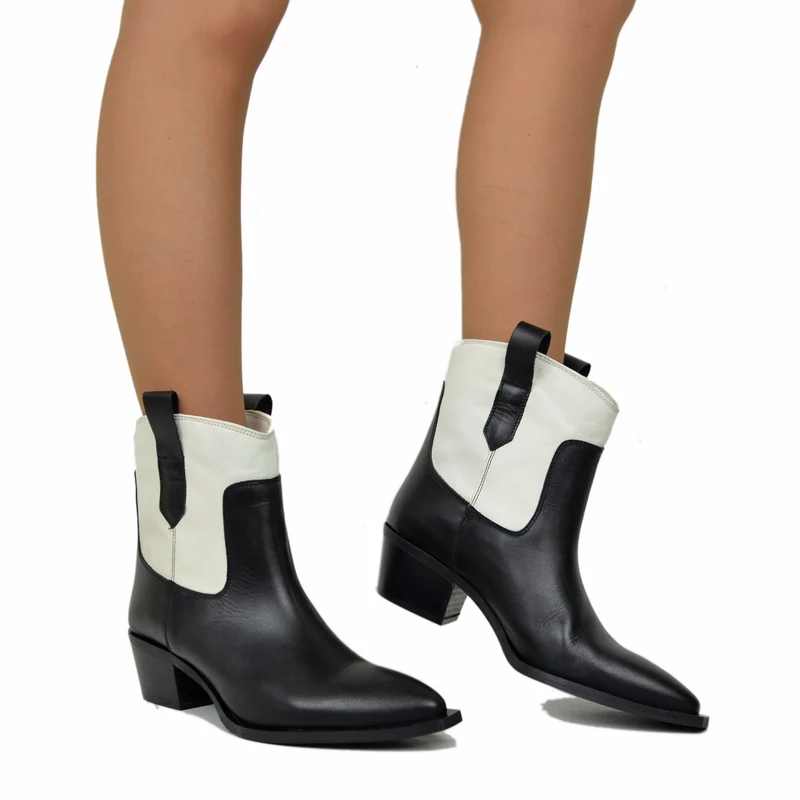 Texano Bicolore Nero Bianco Offwhite Tronchetti Stivaletti Alla Caviglia
