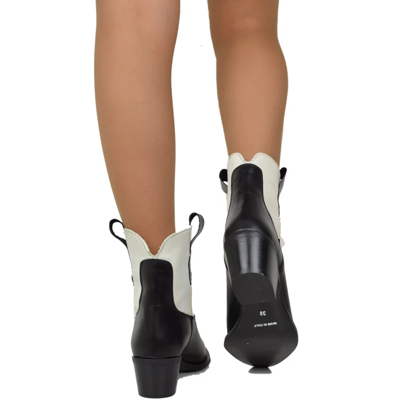 Texano Bicolore Nero Bianco Offwhite Tronchetti Stivaletti Alla Caviglia
