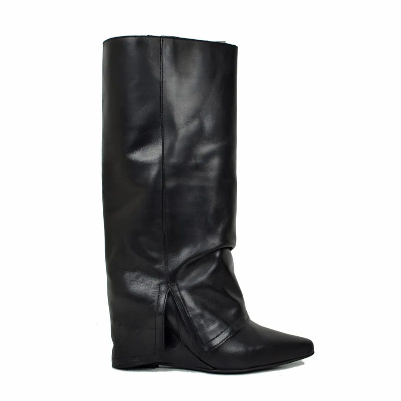 Stivali Zeppa Media Altezza con Ghetta Alti 7 cm Pelle Nera Eleganti DIVINE FOLLIE