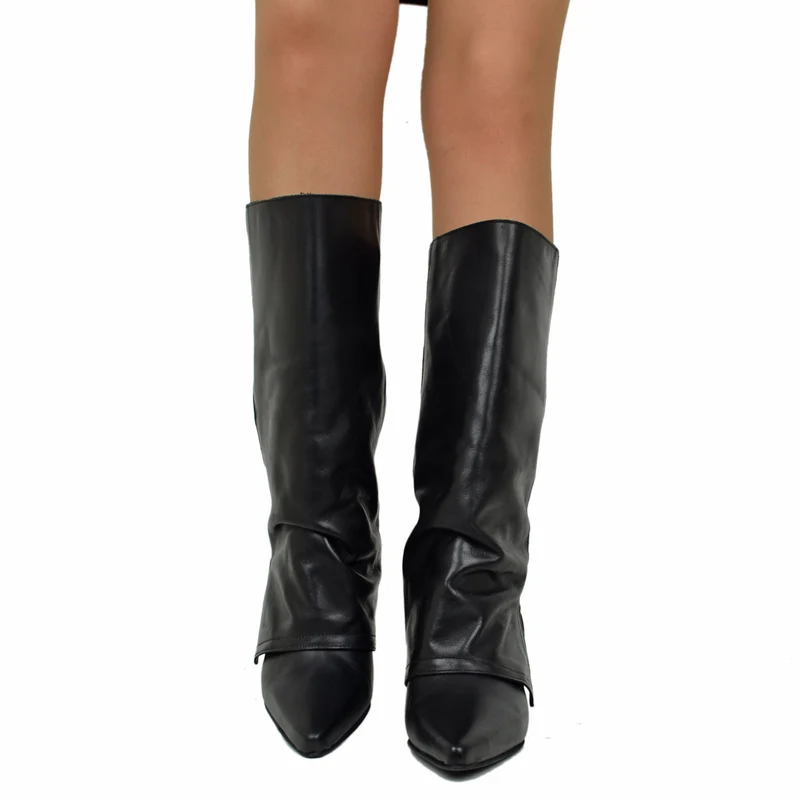Stivali Zeppa Media Altezza con Ghetta Alti 7 cm Pelle Nera Eleganti DIVINE FOLLIE