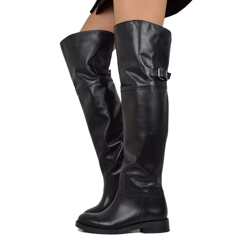 Stivali Alti Al Ginocchio Cavallerizza Eleganti Overknee Boots Pelle Nera