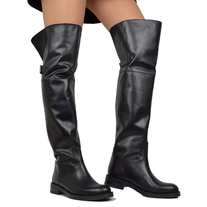 Stivali Alti Al Ginocchio Cavallerizza Eleganti Overknee Boots Pelle Nera