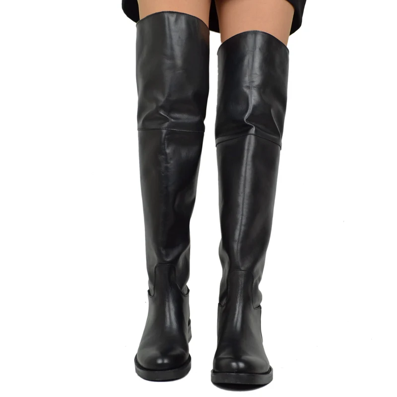 Stivali Alti Al Ginocchio Cavallerizza Eleganti Overknee Boots Pelle Nera