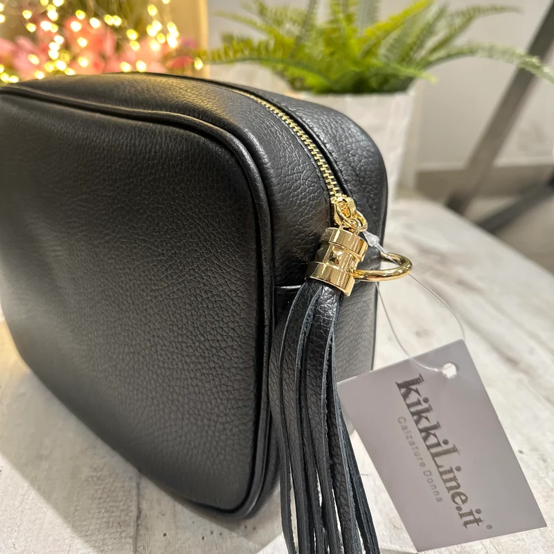 Borsa Quadrata GRANDE con Nappina e Zip VERA PELLE Nera con tracolla ANTONELLA
