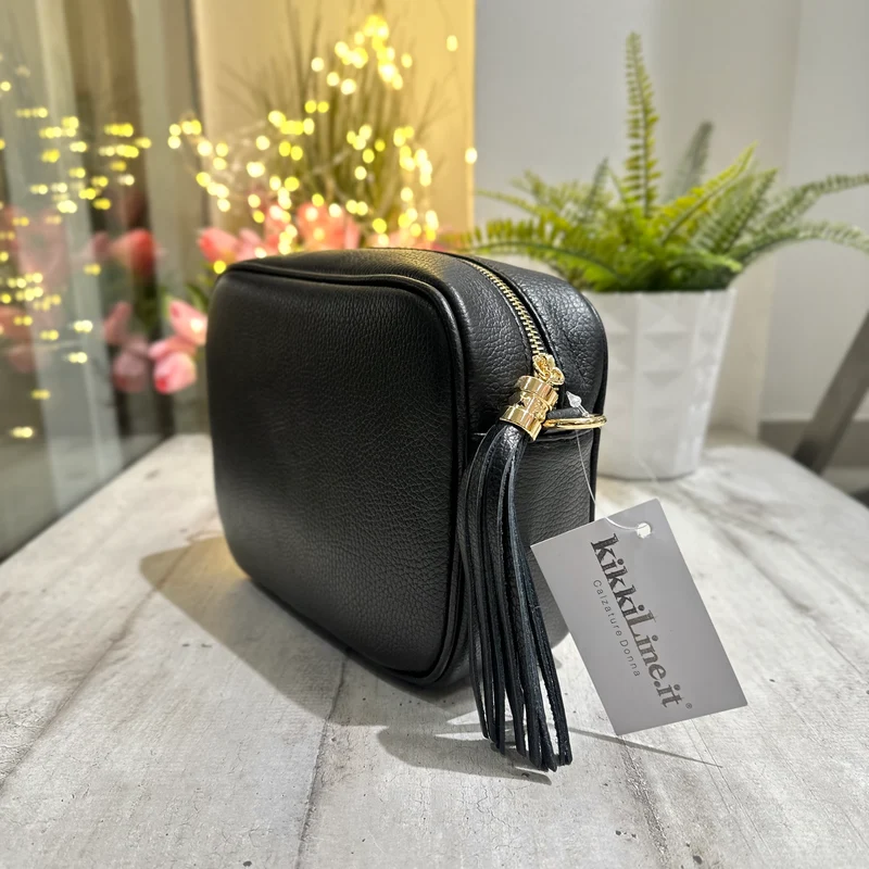 Borsa Quadrata GRANDE con Nappina e Zip VERA PELLE Nera con tracolla ANTONELLA
