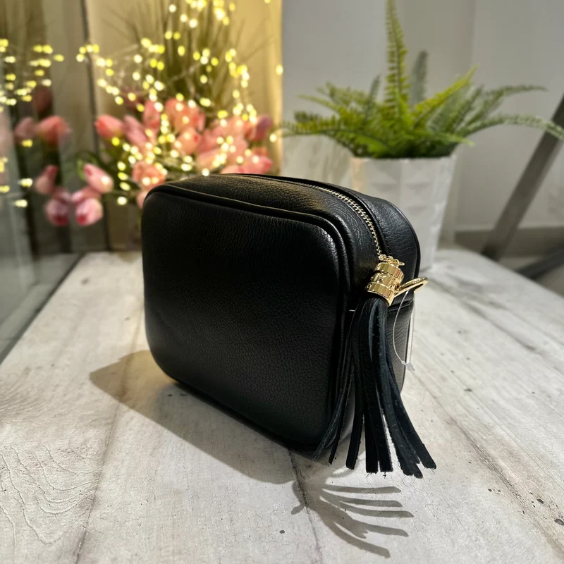 Borsa Quadrata con Nappina e Zip VERA PELLE Nera con tracolla PAOLA