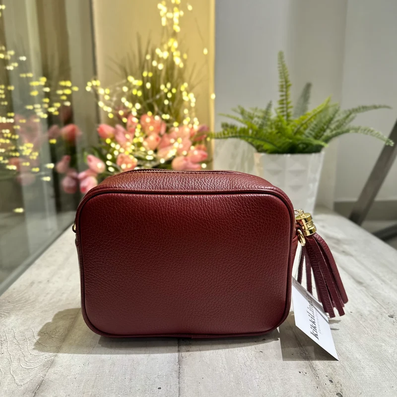 Borsa Quadrata con Nappina e Zip VERA PELLE Rosso Bordeaux con tracolla PAOLA