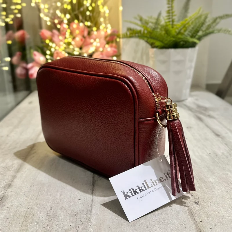 Borsa Quadrata con Nappina e Zip VERA PELLE Rosso Bordeaux con tracolla PAOLA