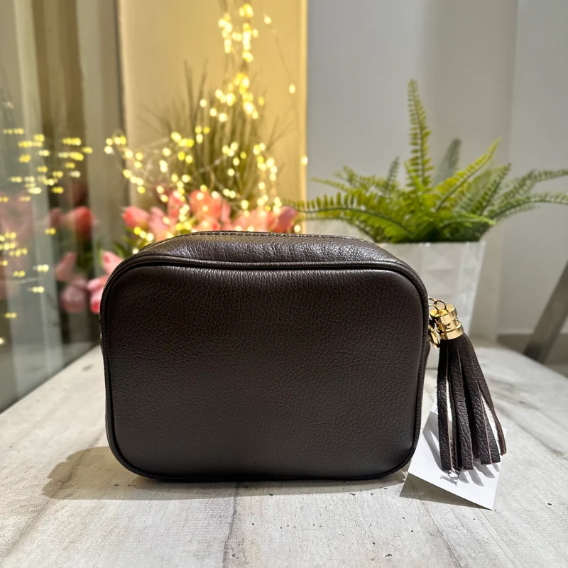 Borsa Quadrata con Nappina e Zip VERA PELLE Marrone Scuro con tracolla PAOLA