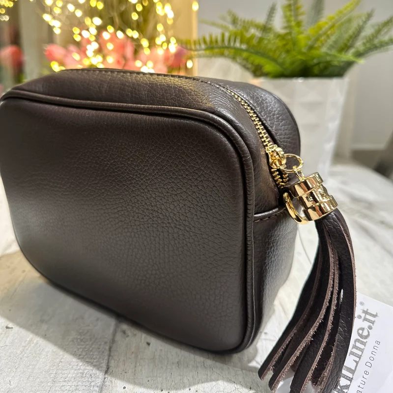 Borsa Quadrata con Nappina e Zip VERA PELLE Marrone Scuro con tracolla PAOLA
