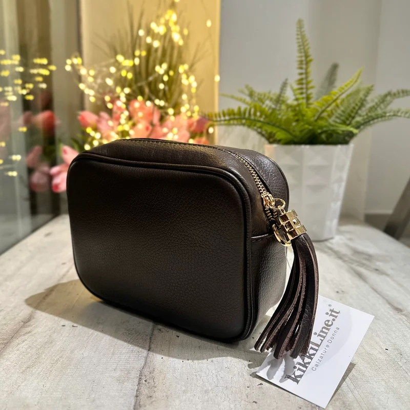 Borsa Quadrata con Nappina e Zip VERA PELLE Marrone Scuro con tracolla PAOLA