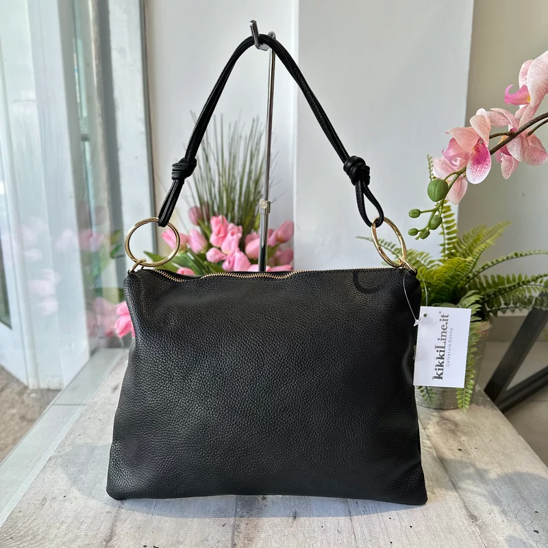 Borsa a Spalla in Vera Pelle con Anelli Shopping Bag Nera MILVA