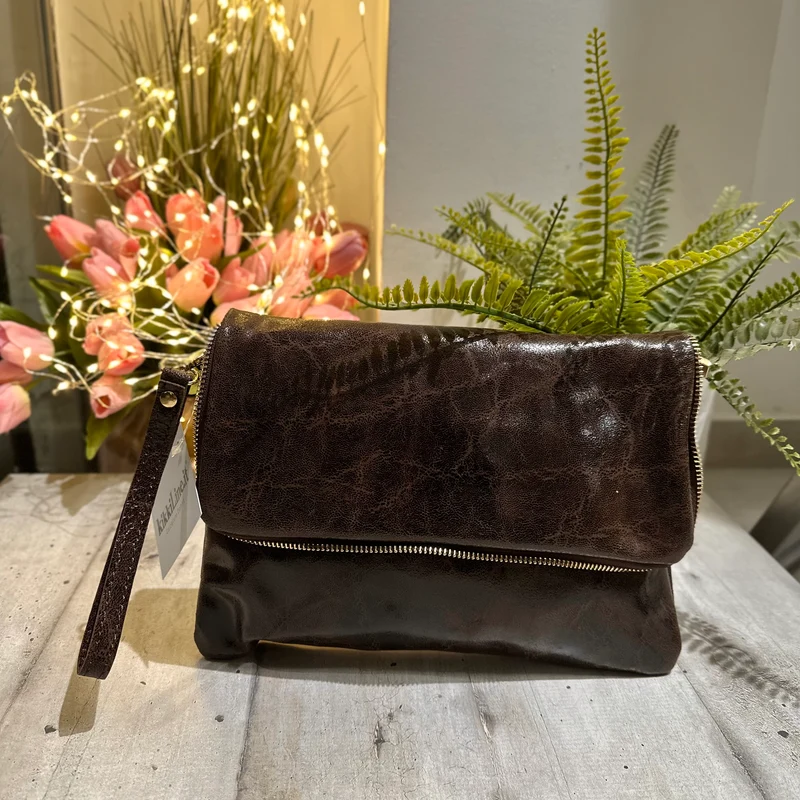 Clutch a Mano Borsa VERA PELLE effetto Vintage Marrone Scuro GINEVRA tracolla all'interno