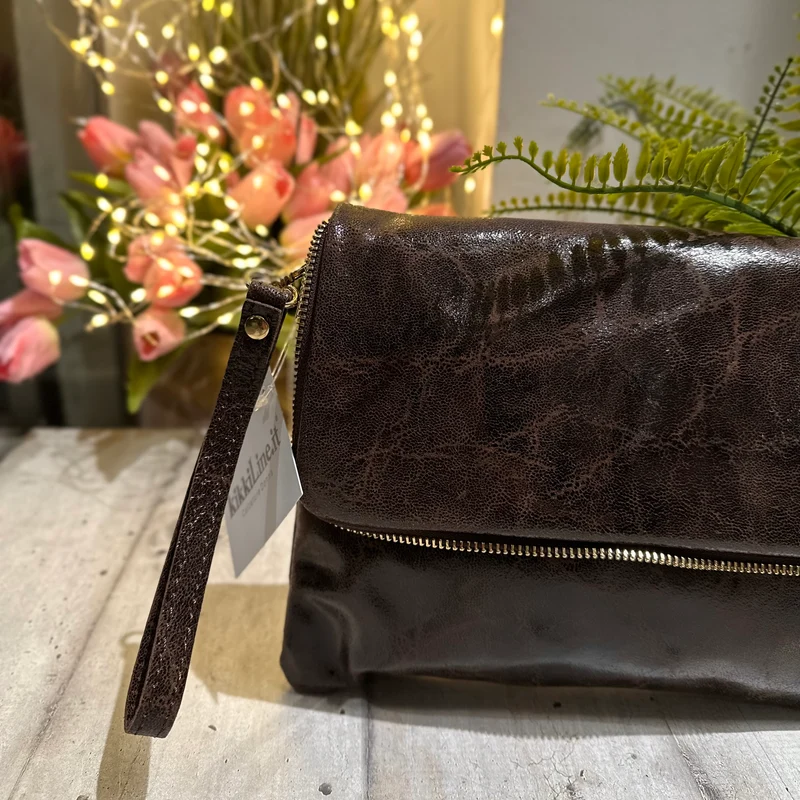 Clutch a Mano Borsa VERA PELLE effetto Vintage Marrone Scuro GINEVRA tracolla all'interno
