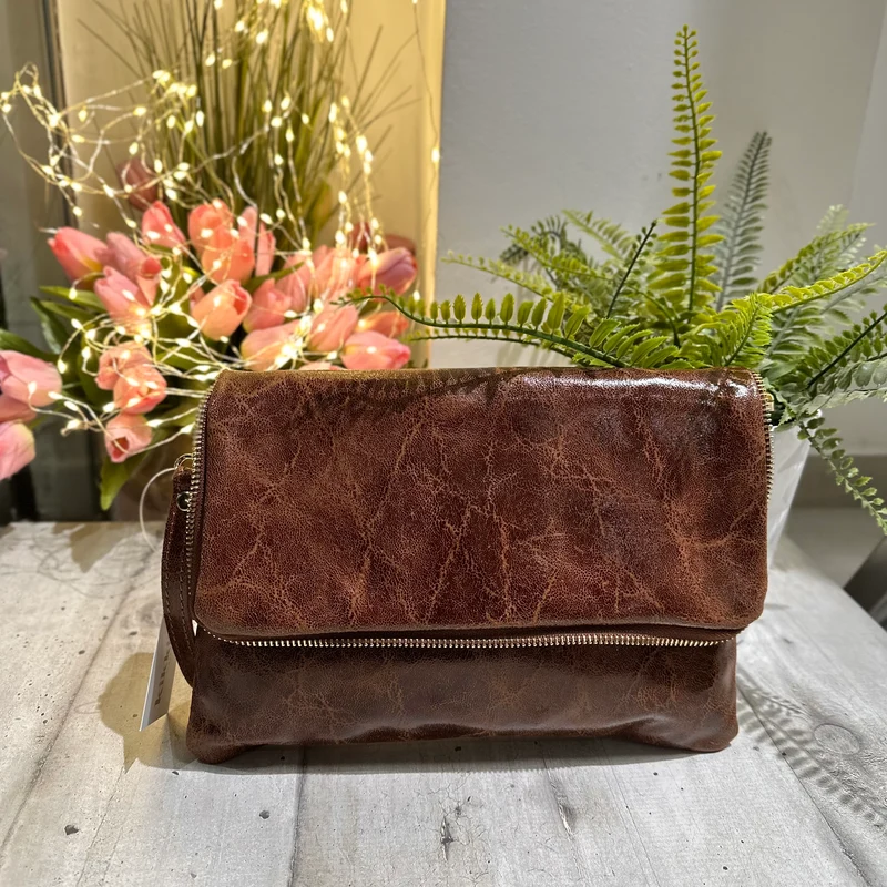 Clutch a Mano Borsa VERA PELLE effetto Vintage Marrone GINEVRA tracolla all'interno