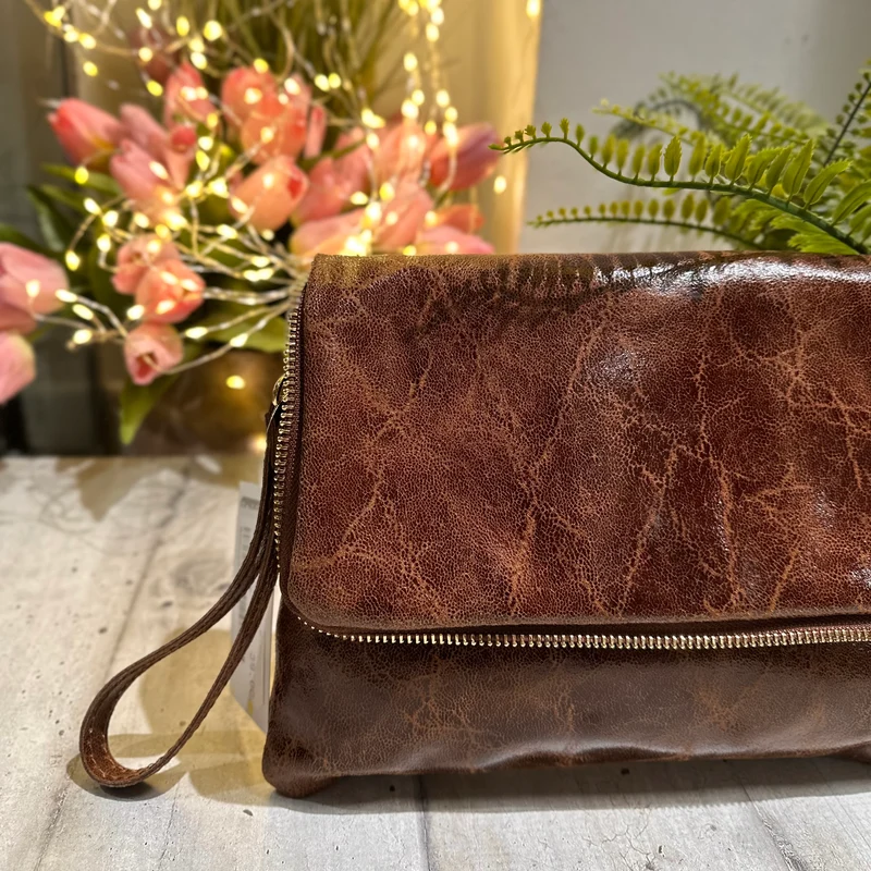 Clutch a Mano Borsa VERA PELLE effetto Vintage Marrone GINEVRA tracolla all'interno