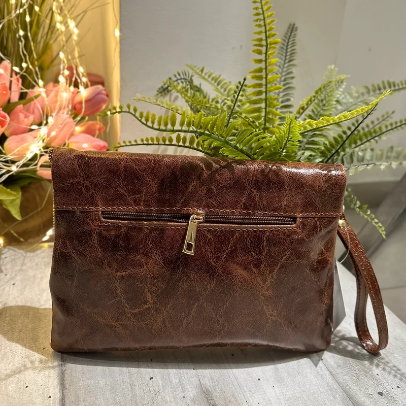 Clutch a Mano Borsa VERA PELLE effetto Vintage Marrone GINEVRA tracolla all'interno