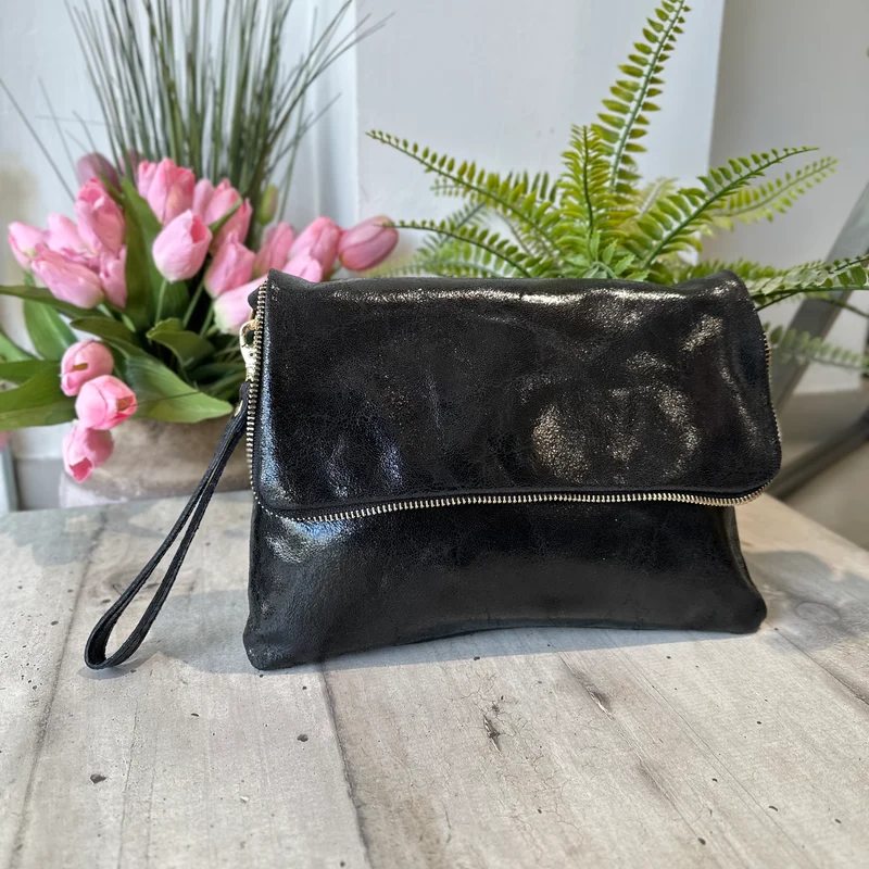 Clutch a Mano Borsa VERA PELLE effetto Vintage Nera GINEVRA tracolla all'interno