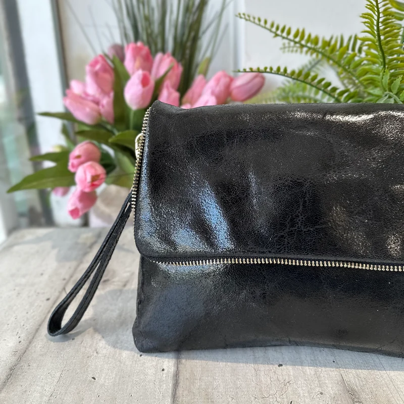 Clutch a Mano Borsa VERA PELLE effetto Vintage Nera GINEVRA tracolla all'interno
