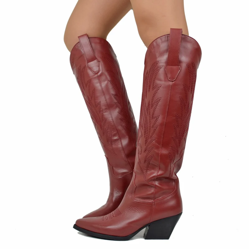 Texani Alti al Ginocchio in Pelle Bordeaux Gambale con Cuciture Vera