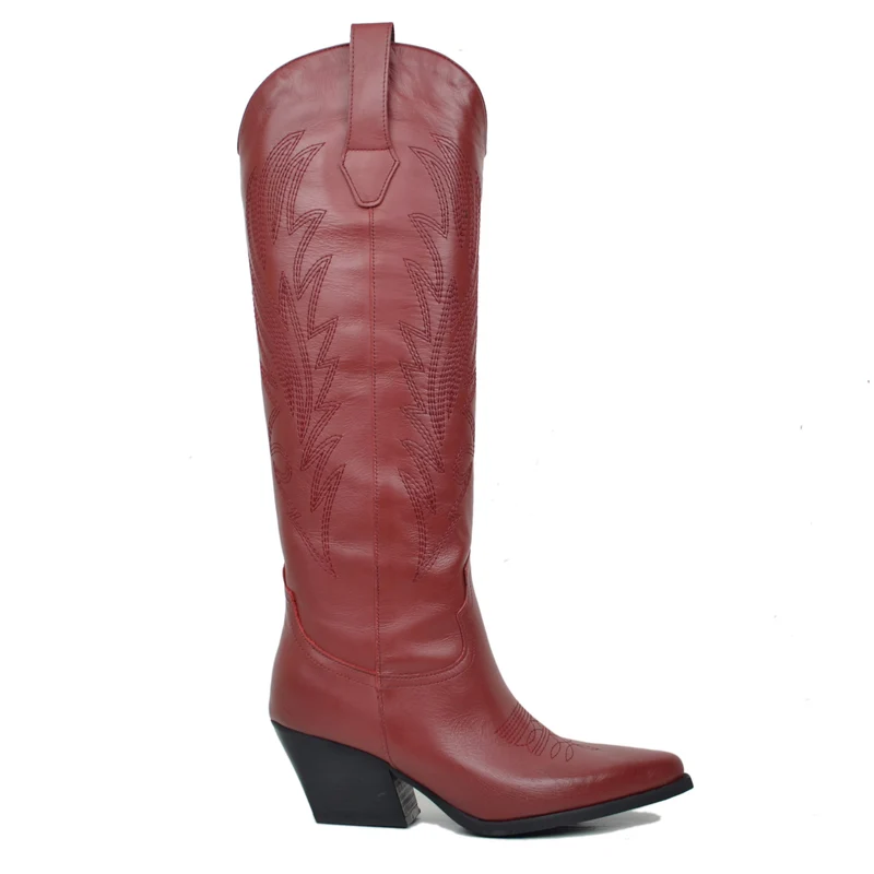 Texani Alti al Ginocchio in Pelle Bordeaux Gambale con Cuciture Vera