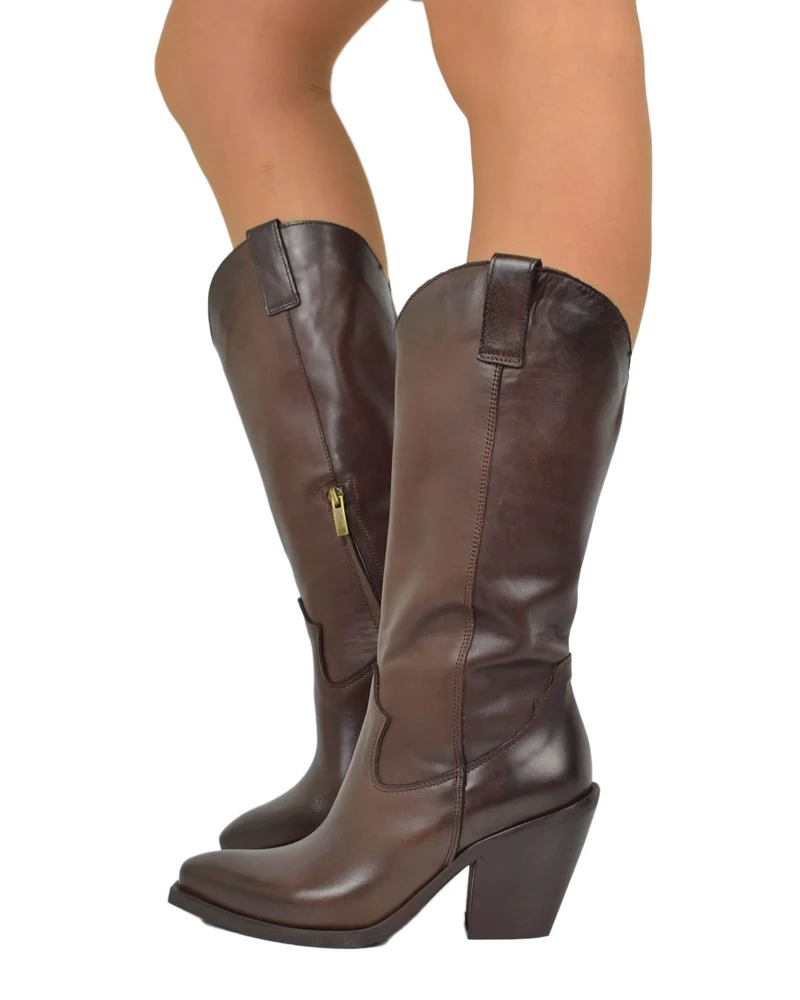 Stivali Alti Texani Lisci Eleganti in Vera Pelle Testa di Moro Tacco 9 cm