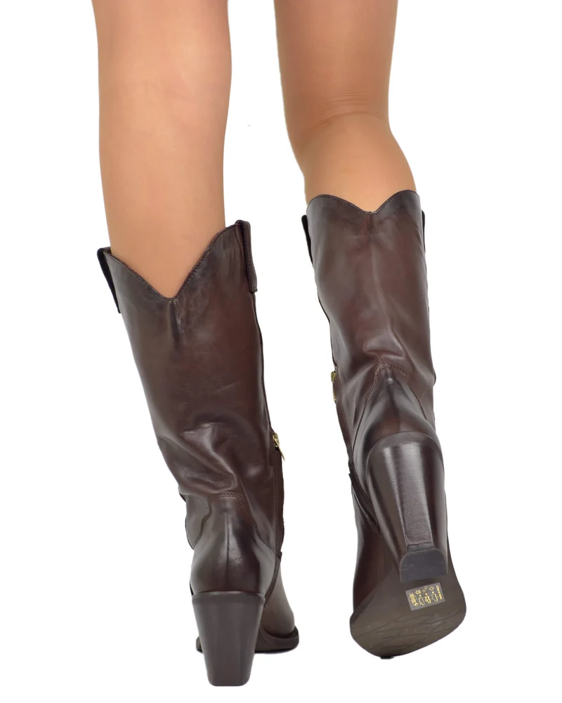 Stivali Alti Texani Lisci Eleganti in Vera Pelle Testa di Moro Tacco 9 cm