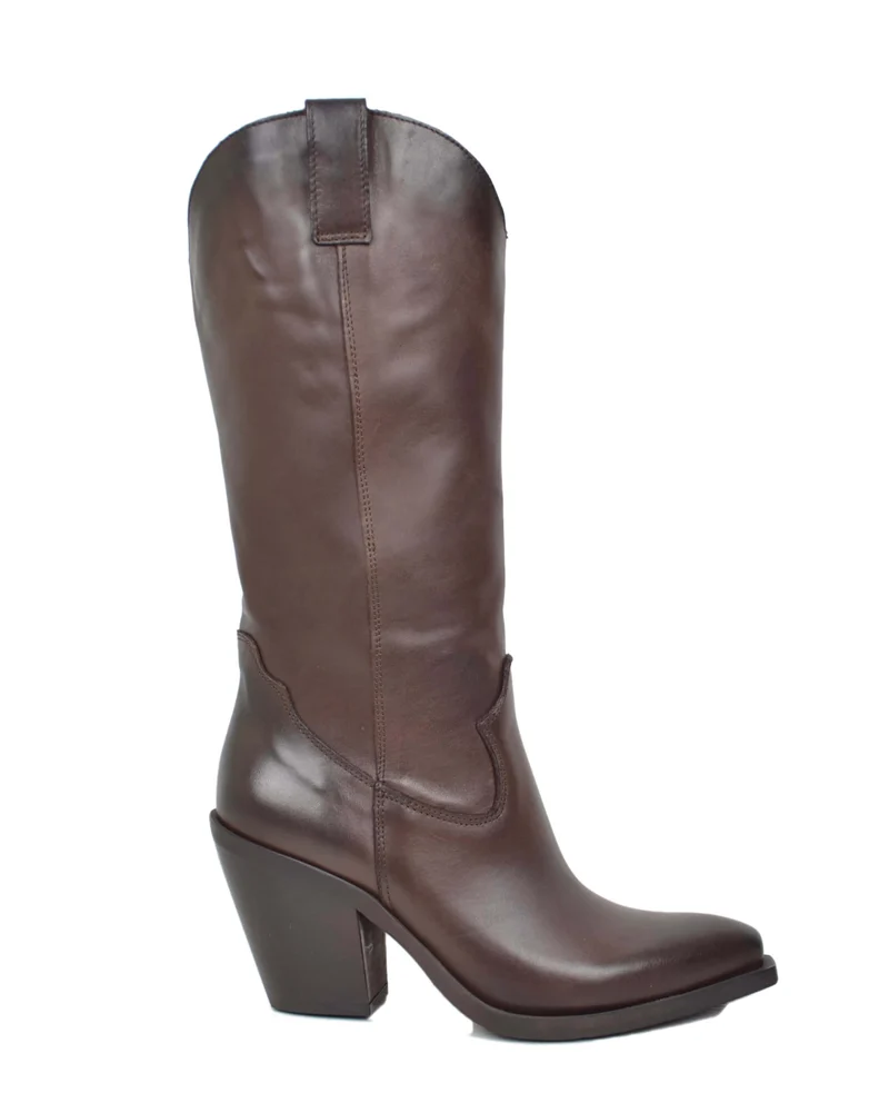 Stivali Alti Texani Lisci Eleganti in Vera Pelle Testa di Moro Tacco 9 cm