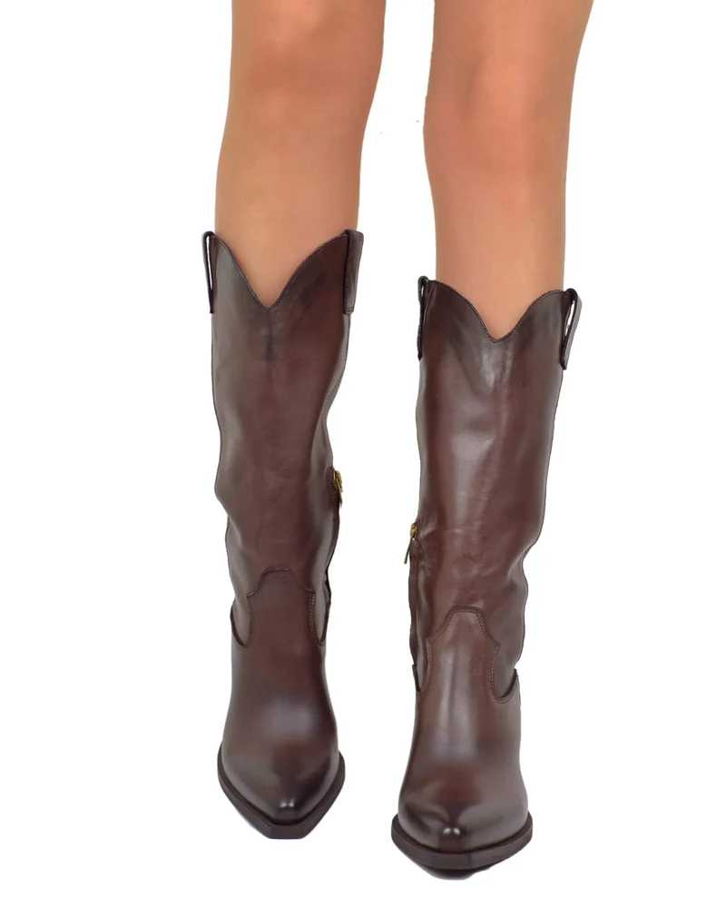 Stivali Alti Texani Lisci Eleganti in Vera Pelle Testa di Moro Tacco 9 cm