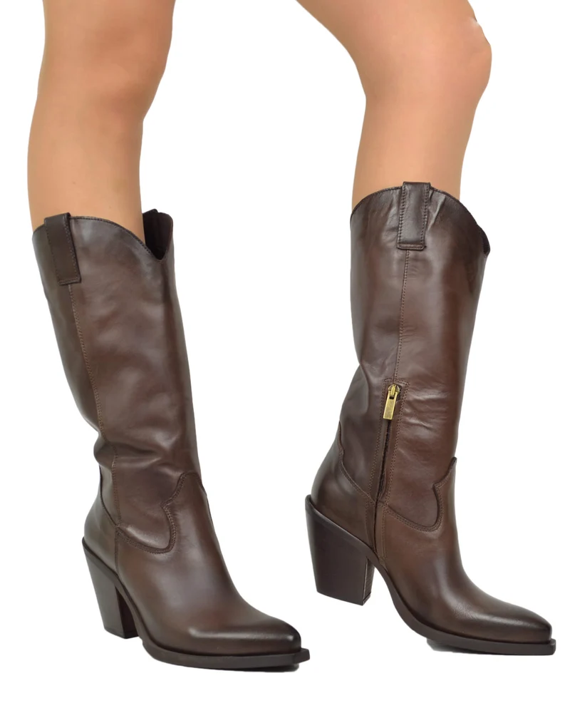 Stivali Alti Texani Lisci Eleganti in Vera Pelle Testa di Moro Tacco 9 cm