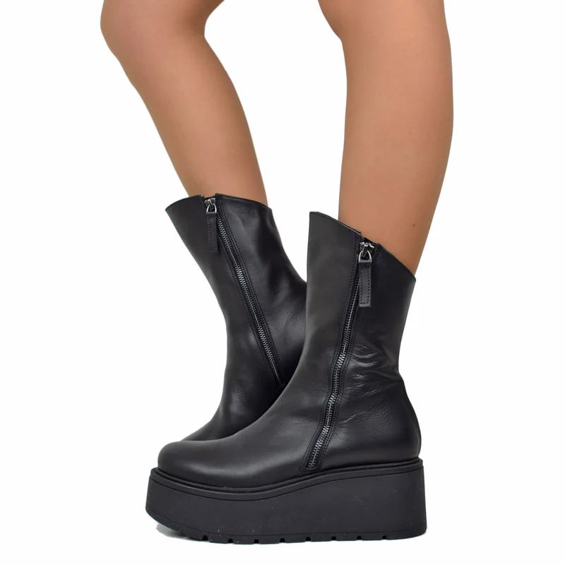 Stivaletti Platform 7 cm con Zip Laterali Vera Pelle Made in Italy Artigianali Neri