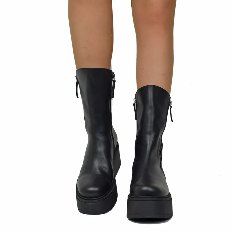 Stivaletti Platform 7 cm con Zip Laterali Vera Pelle Made in Italy Artigianali Neri