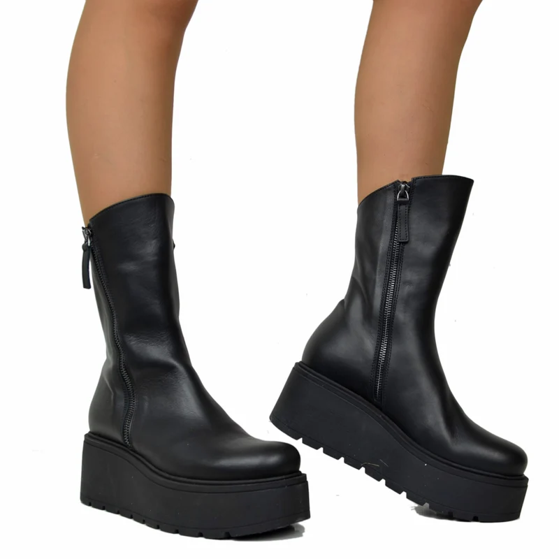 Stivaletti Platform 7 cm con Zip Laterali Vera Pelle Made in Italy Artigianali Neri