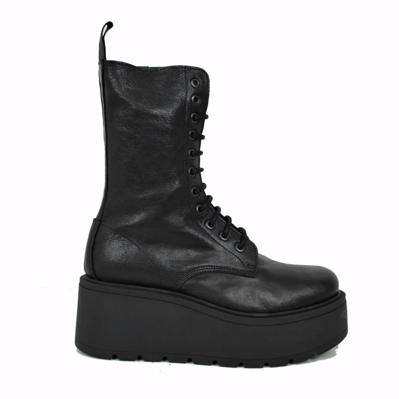 Stivaletti Platform di 7 cm Vera Pelle Morbidi Chunky MIDI Boots Neri