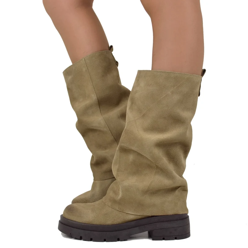 Biker Boots Taupe con Ghetta in Pelle Scamosciata Fondo Platform Pianta Larga