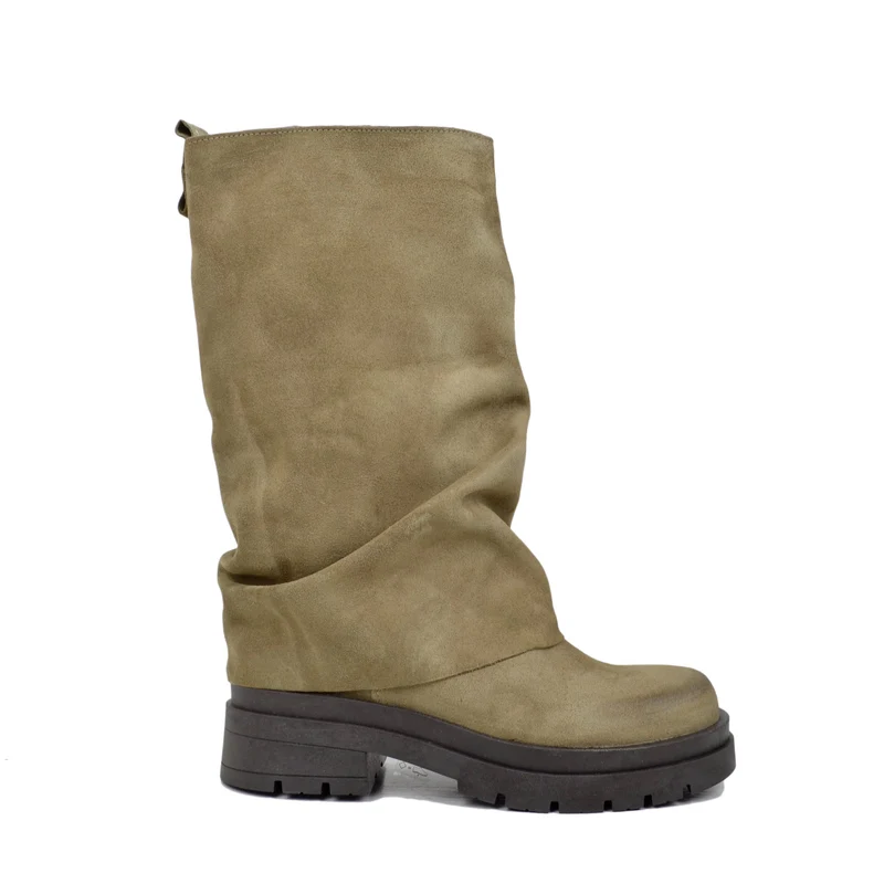 Biker Boots Taupe con Ghetta in Pelle Scamosciata Fondo Platform Pianta Larga