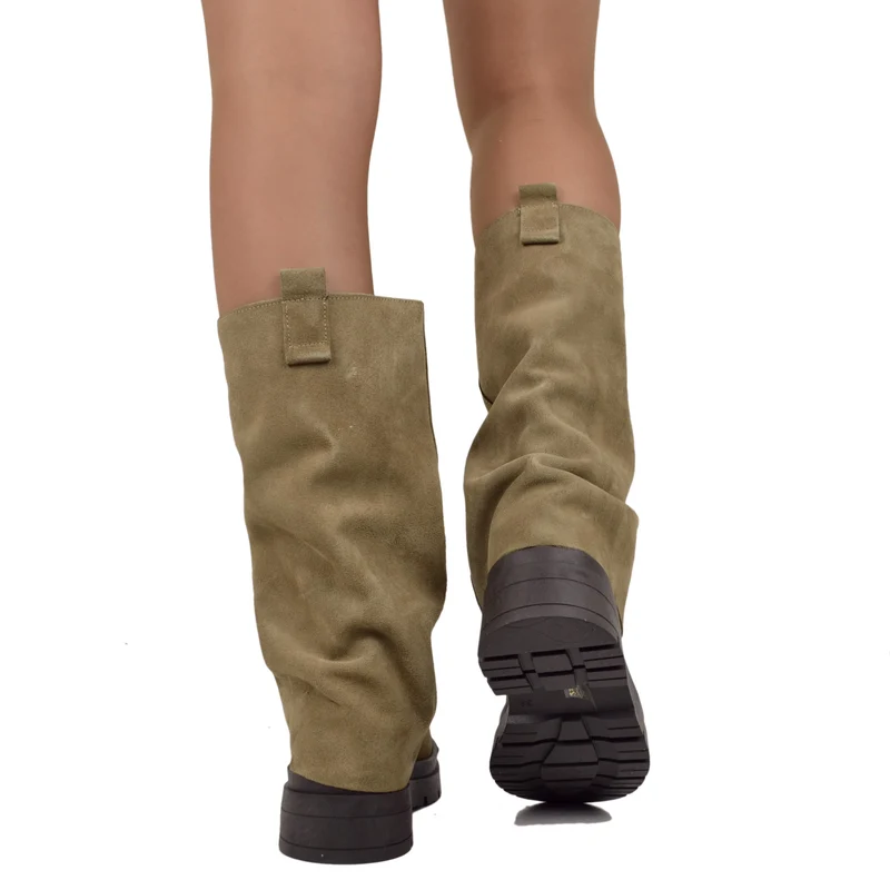 Biker Boots Taupe con Ghetta in Pelle Scamosciata Fondo Platform Pianta Larga