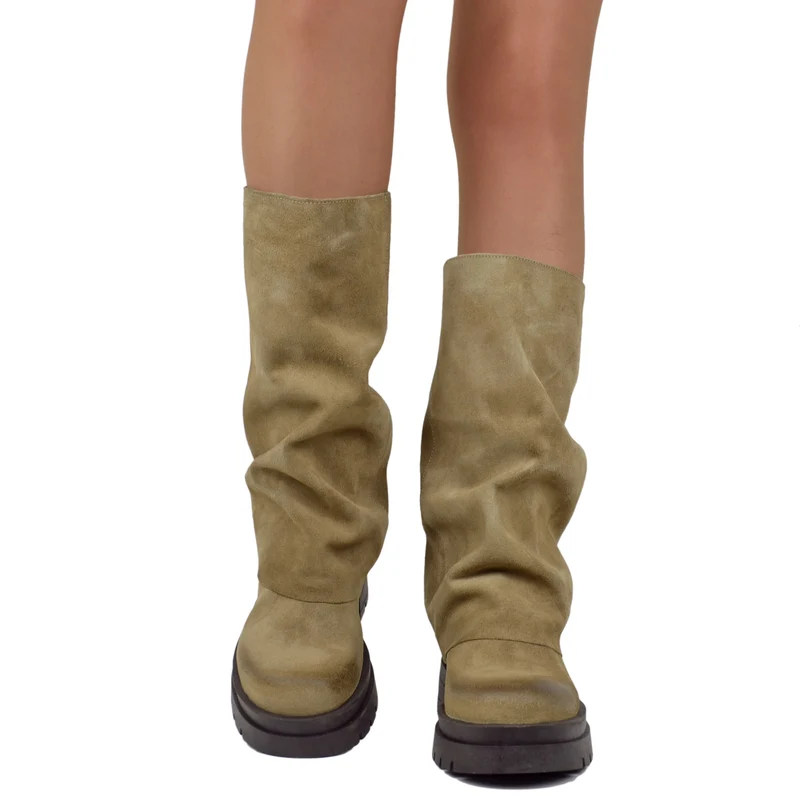 Biker Boots Taupe con Ghetta in Pelle Scamosciata Fondo Platform Pianta Larga