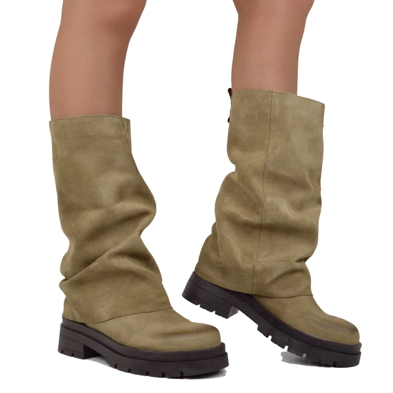 Biker Boots Taupe con Ghetta in Pelle Scamosciata Fondo Platform Pianta Larga
