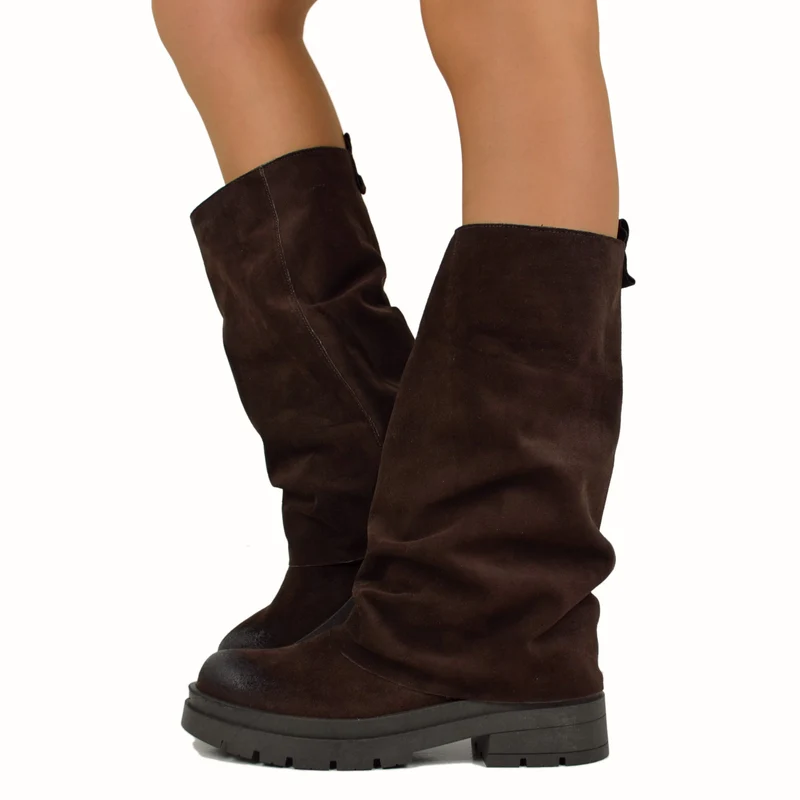 Biker Boots Marroni con Ghetta in Pelle Scamosciata Fondo Platform Pianta Larga