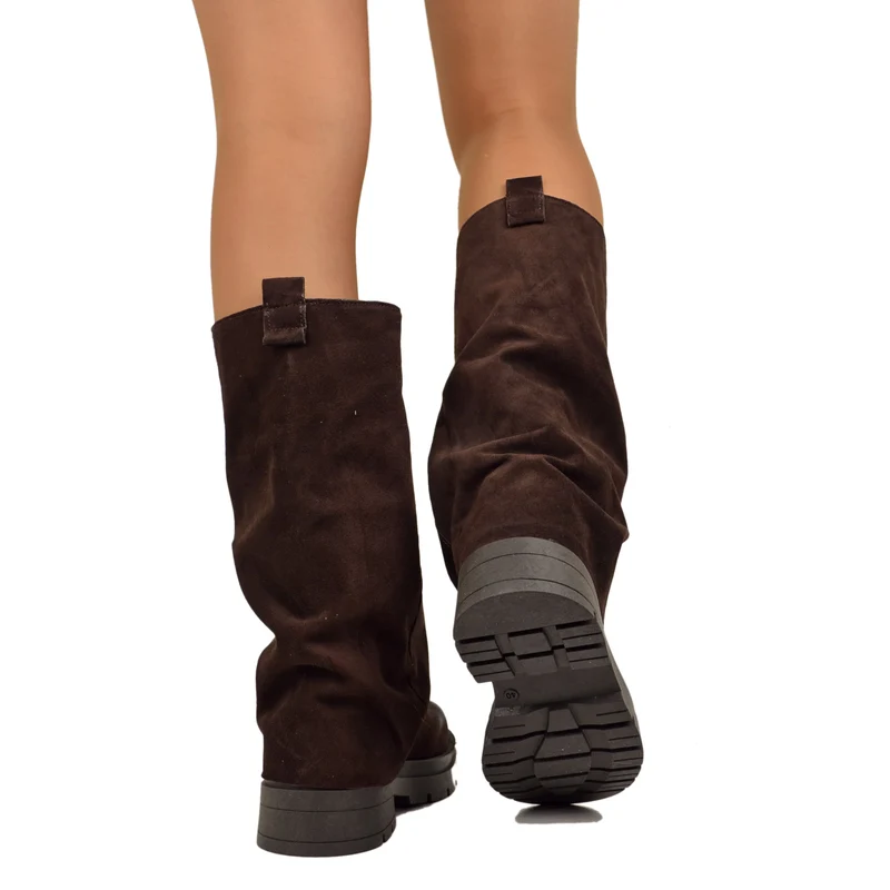 Biker Boots Marroni con Ghetta in Pelle Scamosciata Fondo Platform Pianta Larga