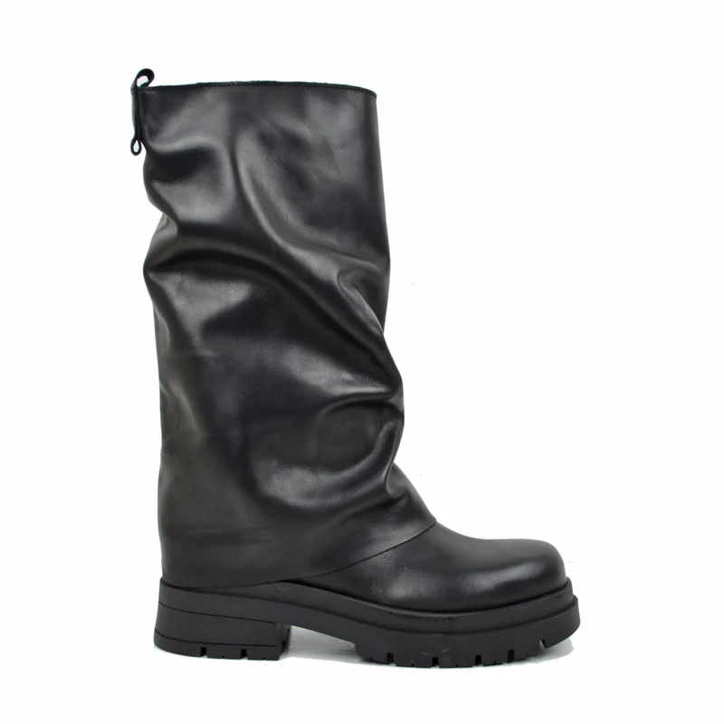 Biker Boots con Ghetta in Pelle Fondo Platform Pianta Larga