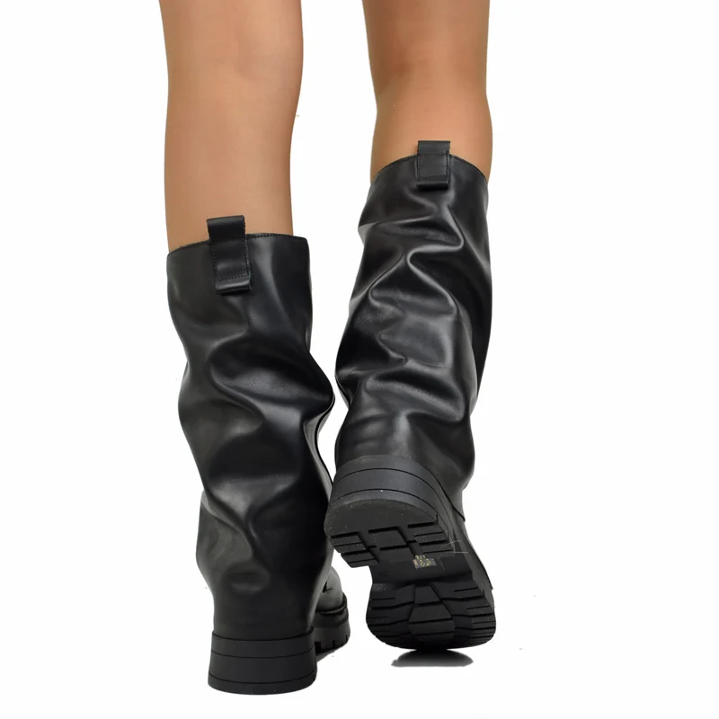 Biker Boots con Ghetta in Pelle Fondo Platform Pianta Larga