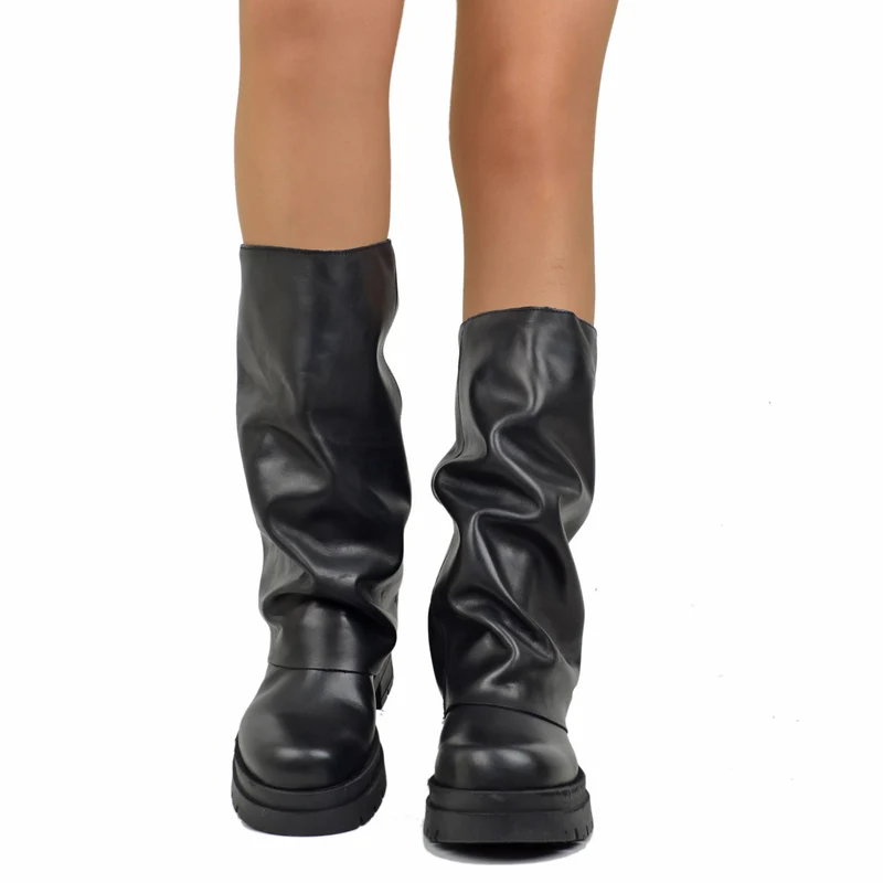 Biker Boots con Ghetta in Pelle Fondo Platform Pianta Larga