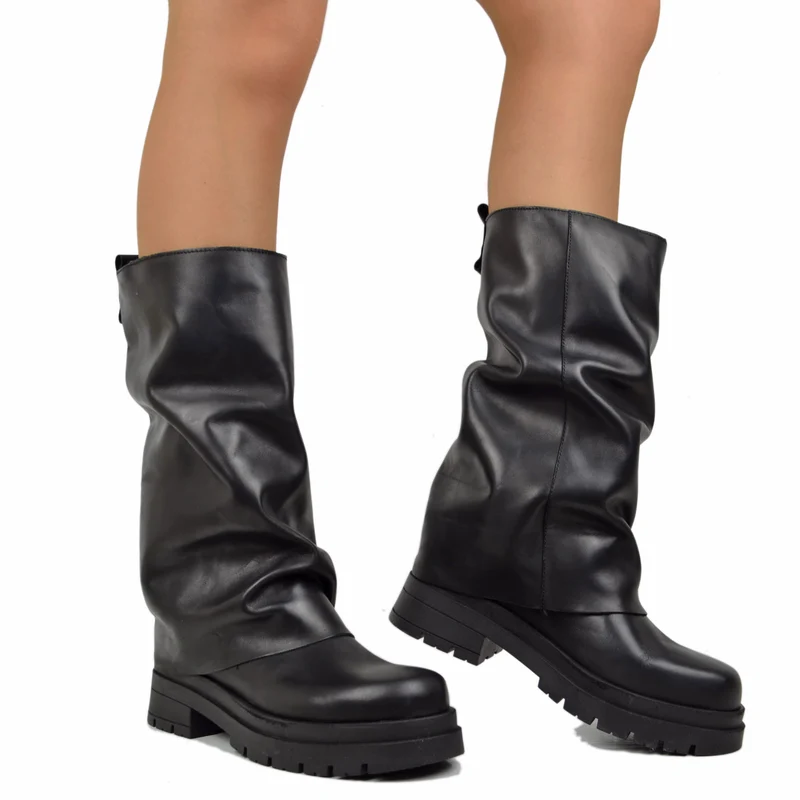 Biker Boots con Ghetta in Pelle Fondo Platform Pianta Larga