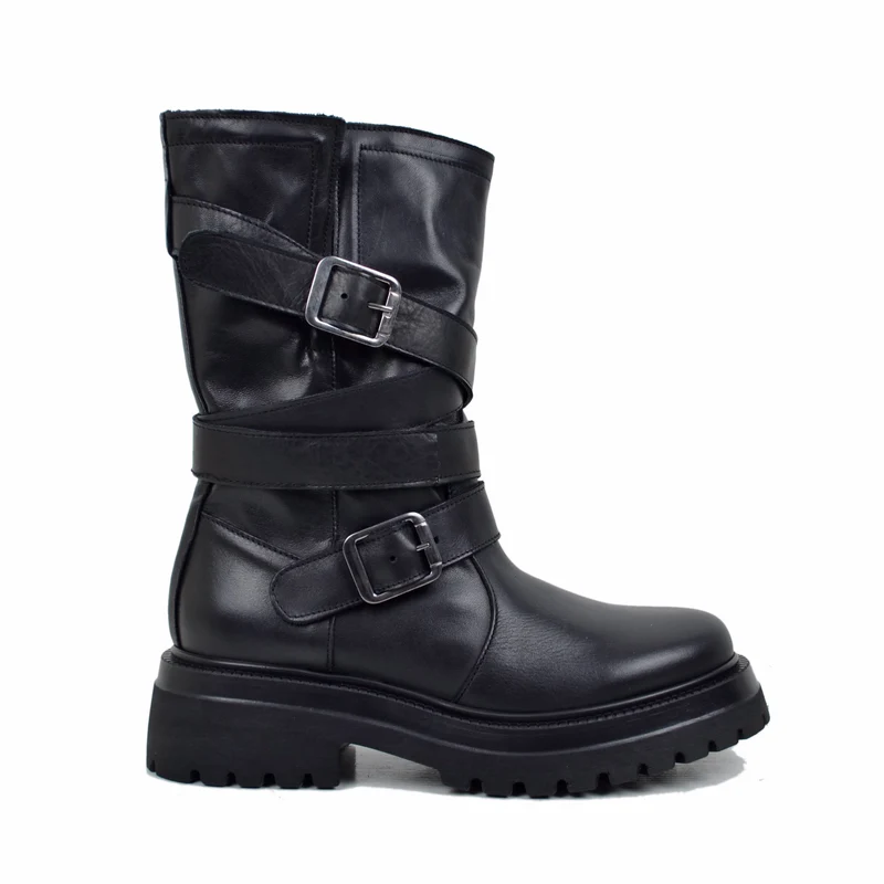 Biker Boots Donna in Pelle Liscia Neri Made in Italy con Fibbie Gambale Ampio