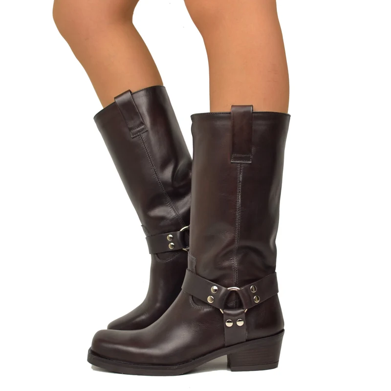 Stivali Punta Quadra Western Tacco 5 Cm Vera Pelle Borchiati Marroni