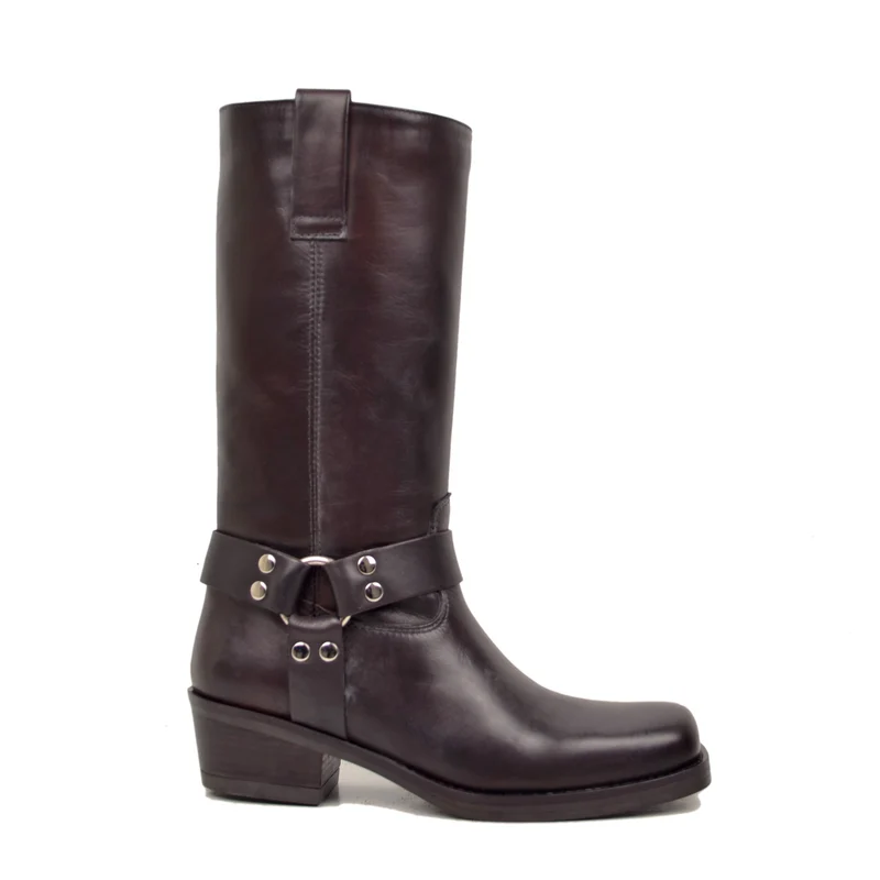 Stivali Punta Quadra Western Tacco 5 Cm Vera Pelle Borchiati Marroni