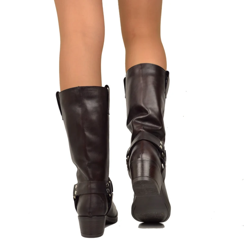 Stivali Punta Quadra Western Tacco 5 Cm Vera Pelle Borchiati Marroni