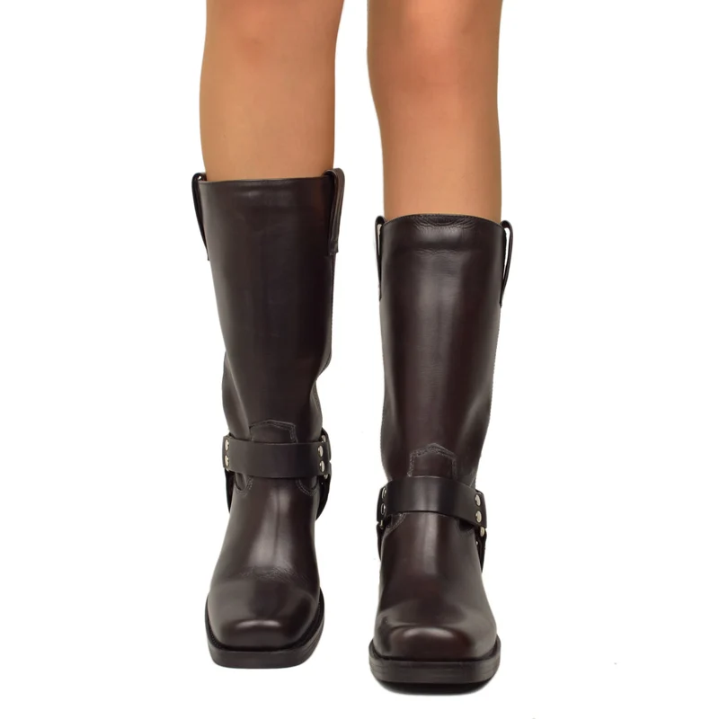 Stivali Punta Quadra Western Tacco 5 Cm Vera Pelle Borchiati Marroni